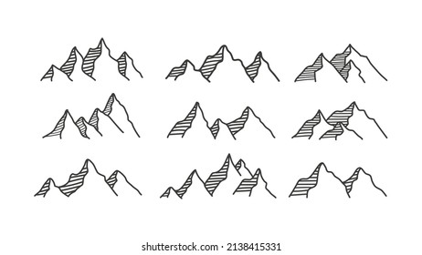 Mountain icon logo vector illustration for outdoor sport graphic design. Set of top landscape symbol with minimal outline style