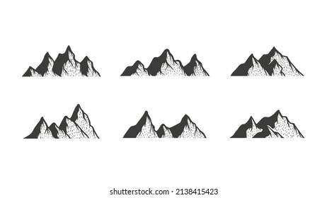 Mountain icon logo vector illustration for adventure outdoor sport graphic design. Set of silhouette top landscape with line art hand drawn style