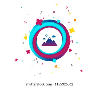 Mountain icon. Mountaineering sport sign. Leadership motivation concept. Colorful button with icon. Geometric elements. Vector