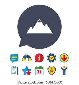 Mountain icon. Mountaineering sport sign. Leadership motivation concept. Information, Report and Speech bubble signs. Binoculars, Service and Download, Stars icons. Vector