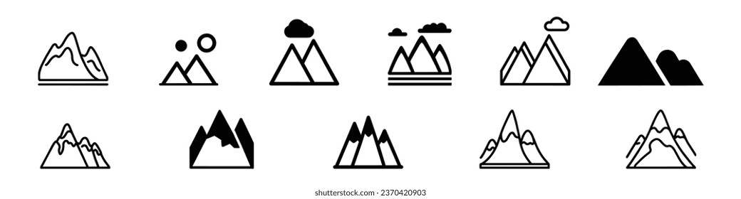 mountain icon, Mountains, rocks and peaks. Mountain silhouette set. Rocky mountains icon, Modern thin line icons set of mountains. Mountain Icons Set, Mountain icon set.