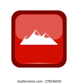 Mountain icon on a red button, vector illustration