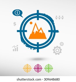 Mountain icon on target icons background. Flat illustration.