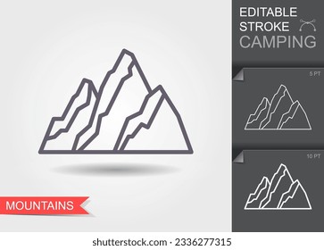 Mountain Icon. Outline icon with editable stroke. Linear symbol of camping with shadow.
