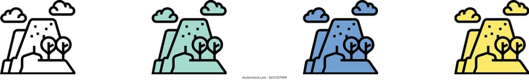 mountain icon. Outline, Green, Blue and Yellow Style Design Isolated On White Background