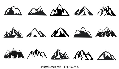 Mountain Icon Set, 15 Collection Symbol Modern Design Vector, Black White, Silhouette, 