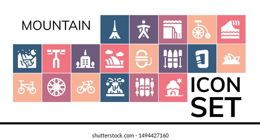 mountain icon set. 19 filled mountain icons.  Collection Of - Tokyo, Glacier, Bicycle, Spoke wheel, Volcano, Ski, Cabin, Handlebar, Skyscrapper, Opera house, Rope, Carabiner, Wingsuit