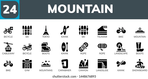 mountain icon set. 24 filled mountain icons.  Collection Of - Bicycle, Ski, Tokyo, Kayak, Tsunami, Bike, Mountain, Cableway, Boots, Rope, Landscape, Gym, Mountains, Carabiner