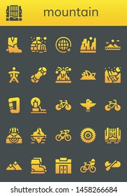 mountain icon set. 26 filled mountain icons.  Simple modern icons about  - Boots, Waterfall, Igloo, Travel, Canyon, Mountains, Wingsuit, Snowboard, Volcano, Opera house, Glacier