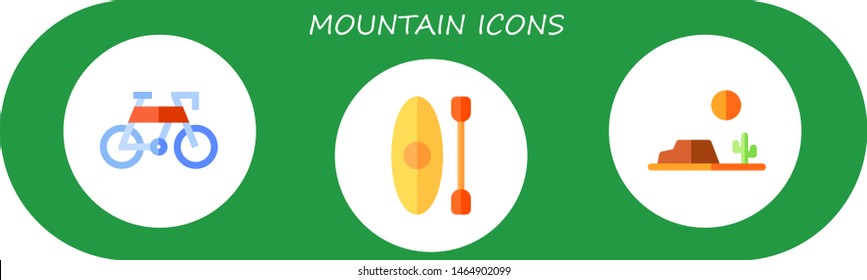 mountain icon set. 3 flat mountain icons.  Collection Of - bike, kayak, desert