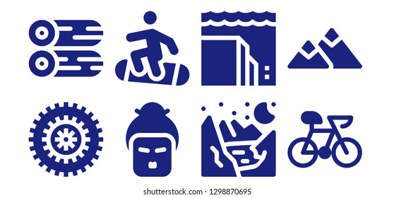 mountain icon set. 8 filled mountain icons. Simple modern icons about  - Bicycle, Woods, Geisha, Snowboard, Glacier, Landslide, Bike, Mountain