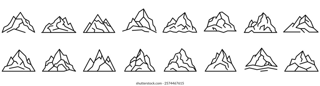Mountain icon. Set of black linear mountain icons. Mountain symbol. Vector illustration