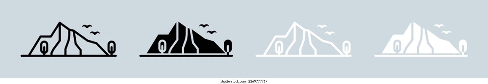Mountain icon set in black and white. Adventure signs vector illustration.
