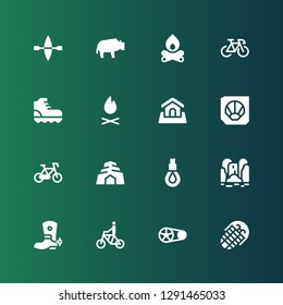 mountain icon set. Collection of 16 filled mountain icons included Fossil, Crankset, Bicycle, Boot, Waterfall, Rope, Cave, Land, Bonfire, Climbing, Bike, Bison, Kayak