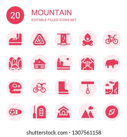 mountain icon set. Collection of 20 filled mountain icons included Boots, Landslide, Waterfall, Bonfire, Bike, Cabin, Cliff, Avalanche, Bison, Fossil, Bicycle, Rope, Crankset