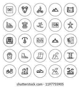 Mountain icon set. collection of 25 outline mountain icons with bicycle, boot, boots, biking, cyclist, dunes, goat, hiking, jackknife, landscape, igloo icons. editable icons.