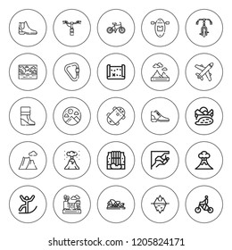 Mountain icon set. collection of 25 outline mountain icons with bicycle, boot, climbing, carabiner, eruption, kayak, lake, iceberg, landscape, mountain icons. editable icons.