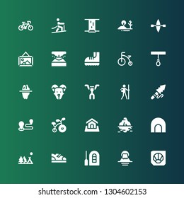 mountain icon set. Collection of 25 filled mountain icons included Fossil, Fuji mountain, Raft, Boots, Camping, Cave, Iceberg, Land, Bicycle, Travel, Harpoon, Hiker, Handlebar