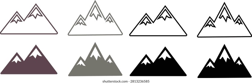 Mountain icon set collection group with alpine peak, summit, ridge, landscape, nature, rock, hill, snowcapped mountain silhouette in black flat and line style isolated on transparent background