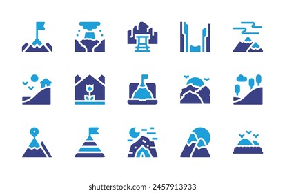 Mountain icon set. Duotone color. Vector illustration. Containing mountain, auroraborealis, hill, goal, cave, mine, sunset, canyon, eruption, forest, achievement.