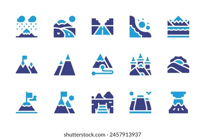 Mountain icon set. Duotone color. Vector illustration. Containing mountain, hiking, snowing, road, achievement, conquer, route, castle, avalanche, ecotherapy, lake.