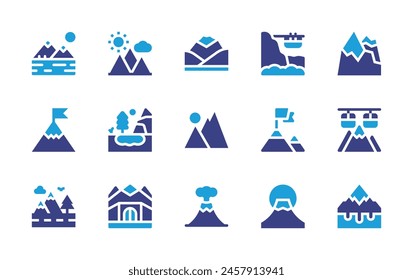 Mountain icon set. Duotone color. Vector illustration. Containing goal, mountainroad, fujimountain, bunker, outburstflood, cablecar, lake, volcano, landscape.