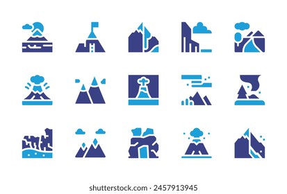 Mountain icon set. Duotone color. Vector illustration. Containing mountain, mountains, cave, cliff, auroraborealis, northernlights, volcano, mudflow, landslide, river.