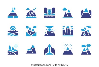 Mountain icon set. Duotone color. Vector illustration. Containing mountain, mountains, volcano, waterfall, avalanche, goal, hills, andes.