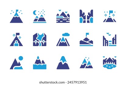Mountain icon set. Duotone color. Vector illustration. Containing mountains, mountain, goal, cliff, canyon, lake, mission.