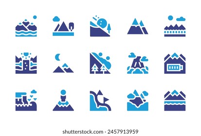 Mountain icon set. Duotone color. Vector illustration. Containing mountain, mountains, avalanche, sea, slalom, highland, waterfall.