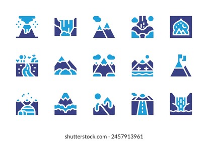 Mountain icon set. Duotone color. Vector illustration. Containing waterfall, mountain, mountains, pervivanhighlands, volcano, picocao, road, antarctic, river.
