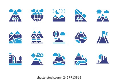 Conjunto de iconos de montaña. Color duotono. Ilustración vectorial. Conteniendo montaña, meta, valle, vigilia, cascada, paisaje, avalancha, río, globo aerostático.