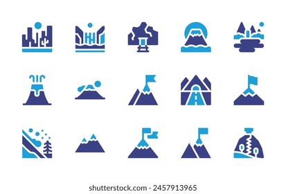 Mountain icon set. Duotone color. Vector illustration. Containing mountains, waterfalls, fujimountain, goal, road, achievement, mine, avalanche, canyon, volcano.