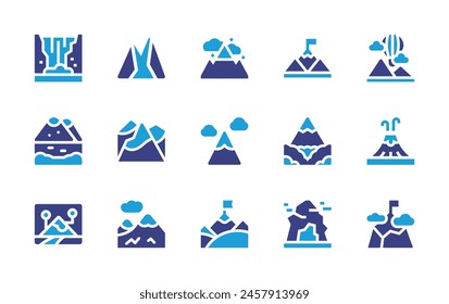 Conjunto de iconos de montaña. Color duotono. Ilustración vectorial. Contiene montañas, montaña, paisaje, información, globo aerostático, lago, volcán, pico, cascada, meta, cueva.