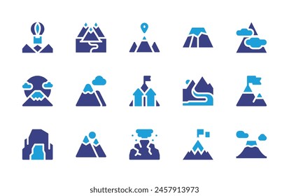 Conjunto de iconos de montaña. Color duotono. Ilustración vectorial. Conteniendo río, montaña, meta, fujimountain, montañas, volcán, motivación, fuji, mina, globo aerostático.