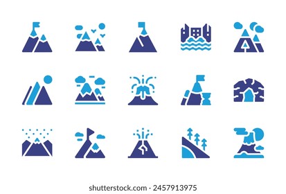 Mountain icon set. Duotone color. Vector illustration. Containing cave, mountain, mountainrange, mountains, volcano, career, hiilside, waterfall, goal.