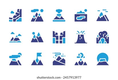 Mountain icon set. Duotone color. Vector illustration. Containing cave, mountains, fujimountain, mountain, canyon, mission, auroraborealis, eruption, lake.