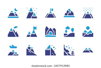 Mountain icon set. Duotone color. Vector illustration. Containing mountains, mountain, goal, cave, avalanche, rock, landslide, hills.