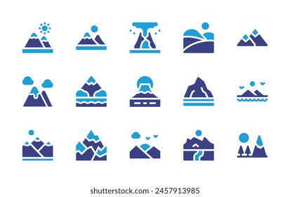 Mountain icon set. Duotone color. Vector illustration. Containing mountains, landscape, mountain, fuji, kenya, volcano, desert, mountkenya, sunset.