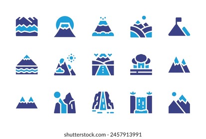 Mountain icon set. Duotone color. Vector illustration. Containing mountain, mountains, fujimountain, road, hills, volcano, geyser, tugelawaterfall, waterfall.