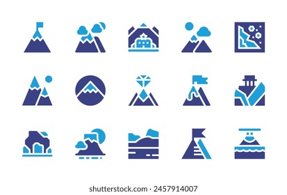 Mountain icon set. Duotone color. Vector illustration. Containing cave, mountain, fuji, goal, landscape, bennevis, olympus, landslide, volcanicactivity.