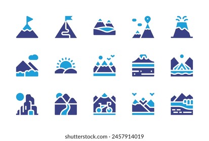 Mountain icon set. Duotone color. Vector illustration. Containing objective, mission, mountain, landscape, mountains, fujimountain, volcano, camping.