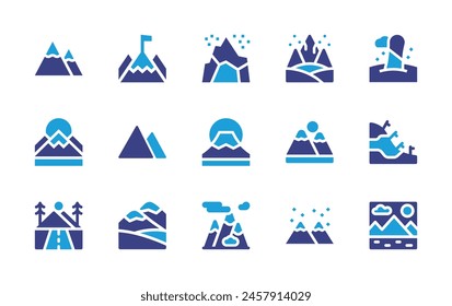 Mountain icon set. Duotone color. Vector illustration. Containing mountain, roadtrip, mountains, fujimountain, slalom, snowboard, scenery.