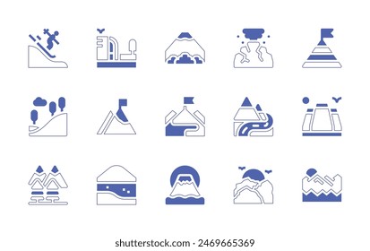 Mountain icon set. Duotone style line stroke and bold. Vector illustration. Containing skiing, mountain, fujimountain, hill, volcano, waterfall, goal, sunset, river, ecotherapy, sierranevada, bay.