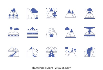 Mountain icon set. Duotone style line stroke and bold. Vector illustration. Containing mountain, mountains, winter, path, road, cave, landslide, volcano, cliff, andes, rock.