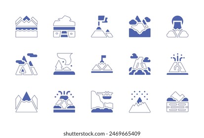Mountain icon set. Duotone style line stroke and bold. Vector illustration. Containing sugarloafmountain, mountain, goal, lake, mounttahtali, auroraborealis, volcano, fuji, peak.