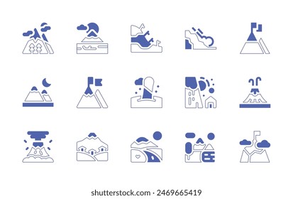 Mountain icon set. Duotone style line stroke and bold. Vector illustration. Containing mountain, mountains, goal, road, slalom, snowboard, avalanche, nature, sea, volcano.