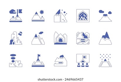 Mountain icon set. Duotone style line stroke and bold. Vector illustration. Containing fujimountain, mountains, mountain, mount, hiking, isha, cave, drilling, goal, landslide.