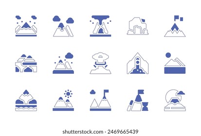 Mountain icon set. Duotone style line stroke and bold. Vector illustration. Containing goal, mountain, fujimountain, mountains, volcano, cave, career, explosion, debrisflow.