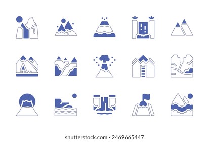 Mountain icon set. Duotone style line stroke and bold. Vector illustration. Containing mountain, mountains, fujimountain, volcano, waterfall, goal.